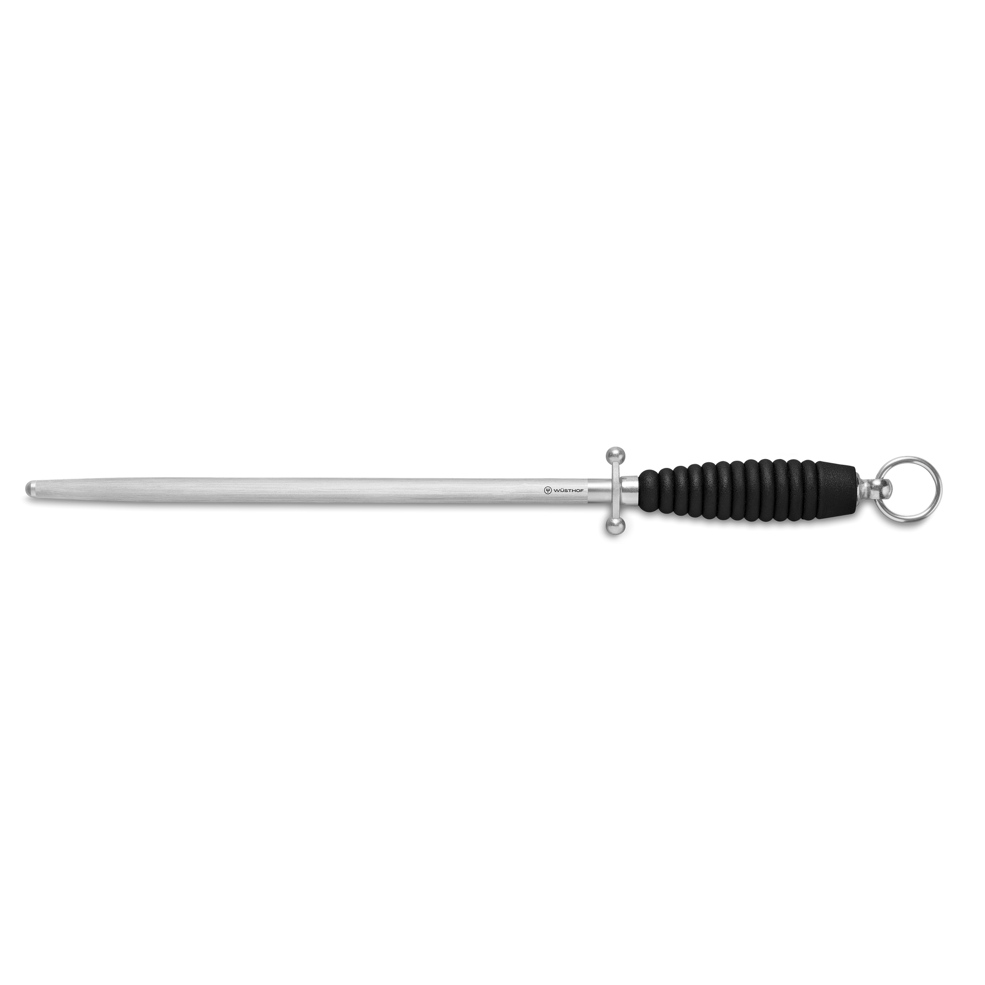 12" Honing Steel with a sleek polished rod, black textured grip handle, and metal guard, designed for maintaining the edge on forged kitchen knives.