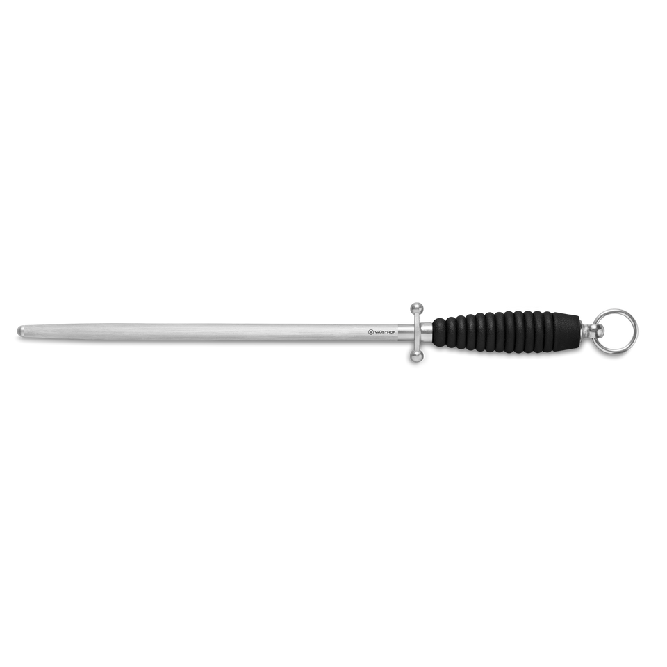12" Honing Steel with a sleek polished rod, black textured grip handle, and metal guard, designed for maintaining the edge on forged kitchen knives.