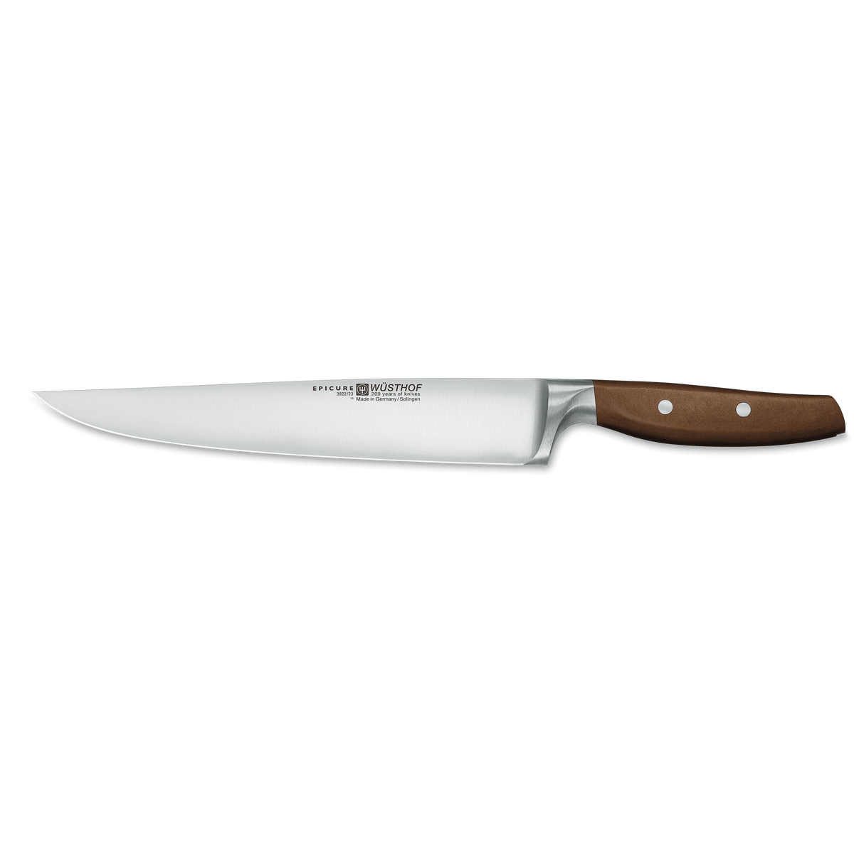 Epicure 9" Carving Knife with a forged German steel blade and a polished wooden handle secured by rivets for precise slicing and carving.