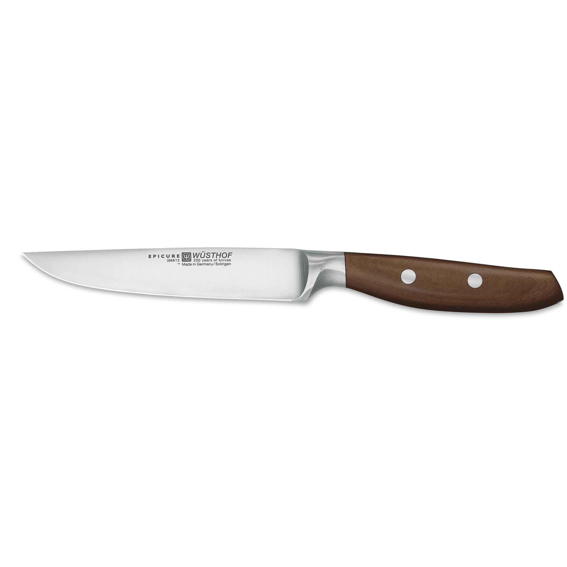 Epicure 4 1/2" Steak Knife with a polished forged German steel blade and a smooth wooden handle secured by rivets for fine precision cutting.