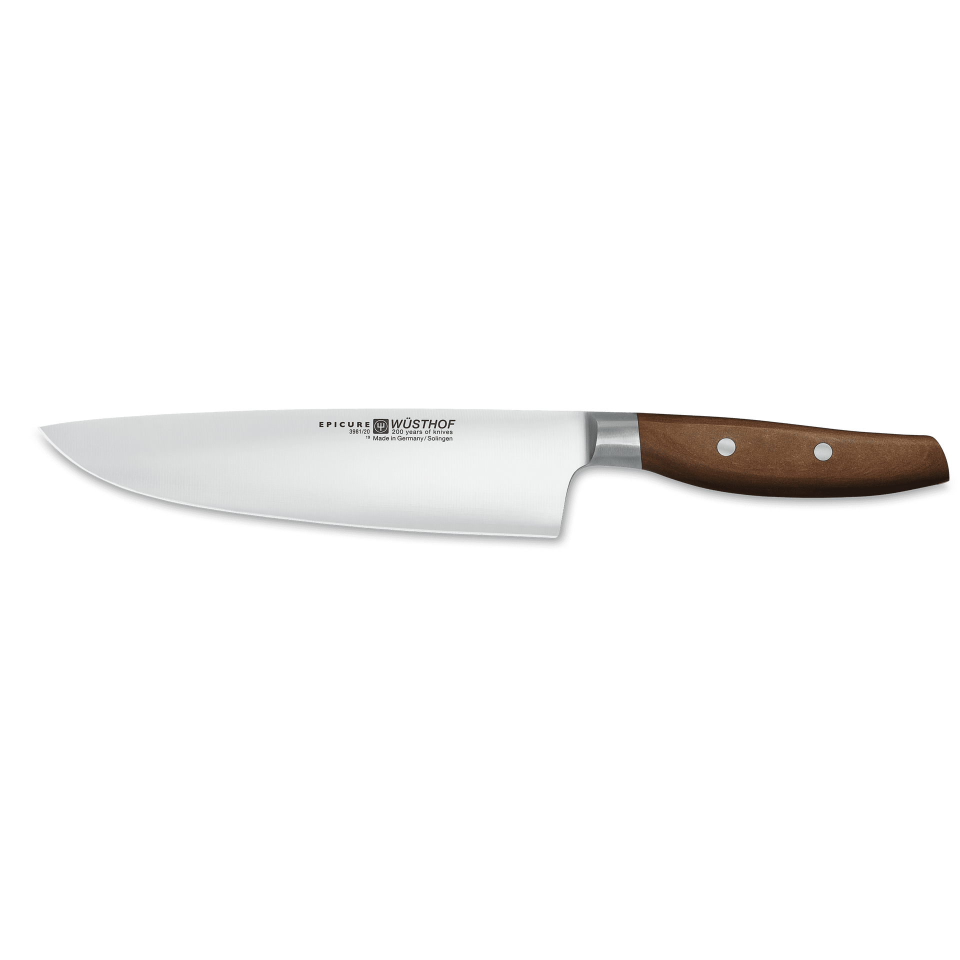 Epicure 8" Chef's Knife featuring a forged German steel blade and a polished wooden handle secured with rivets for balanced kitchen performance.
