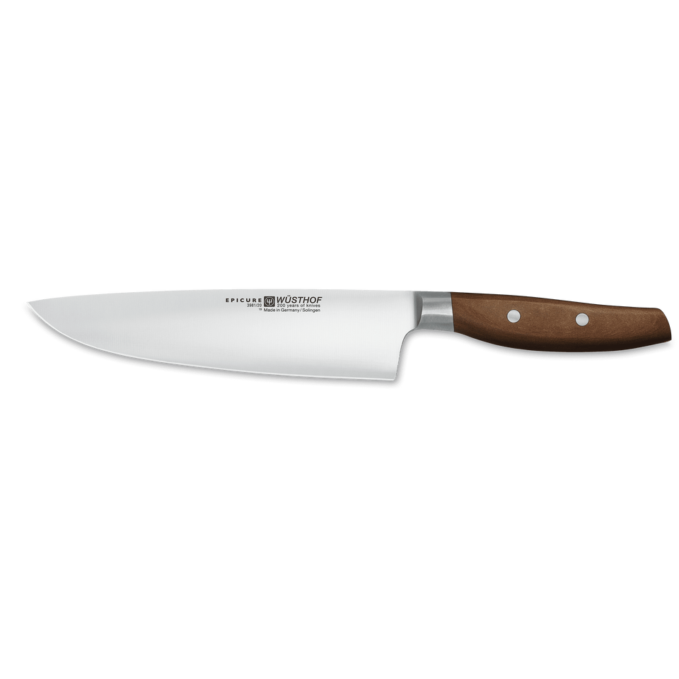 Epicure 8" Chef's Knife featuring a forged German steel blade and a polished wooden handle secured with rivets for balanced kitchen performance.