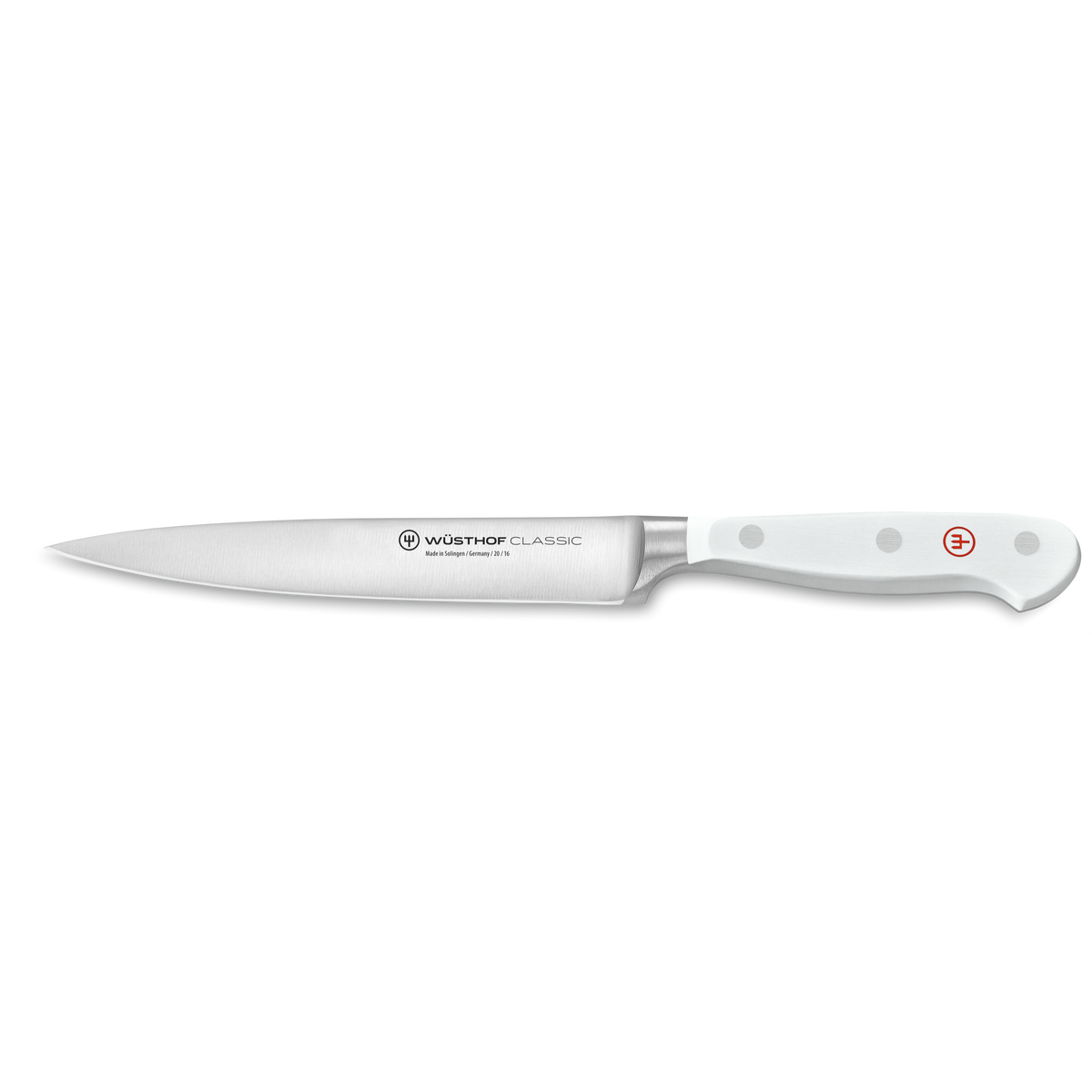Classic 7-Piece Knife Block Set featuring a slender, forged German steel boning knife with a white ergonomic handle and polished rivets.