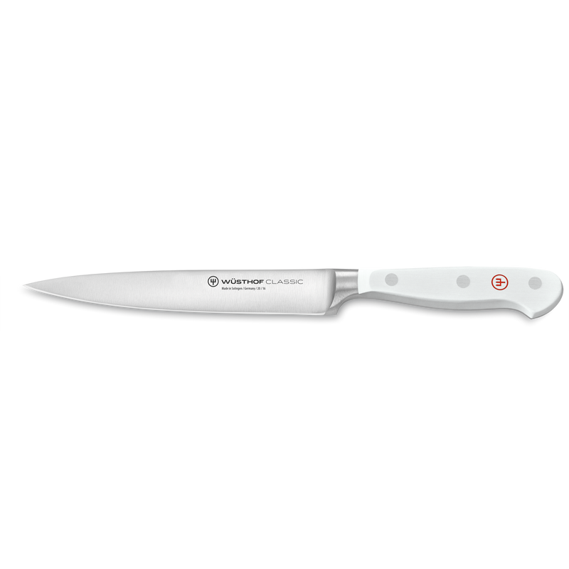 Classic 7-Piece Knife Block Set featuring a slender, forged German steel boning knife with a white ergonomic handle and polished rivets.