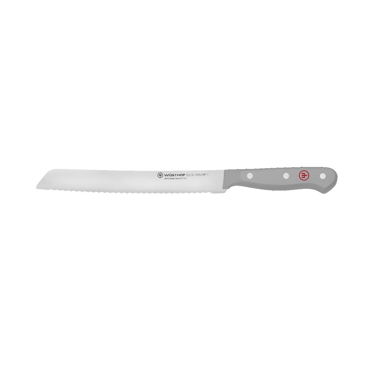 Gourmet 7-Piece Block Set featuring a serrated bread knife with a German-forged blade and ergonomic gray handle with polished rivets.