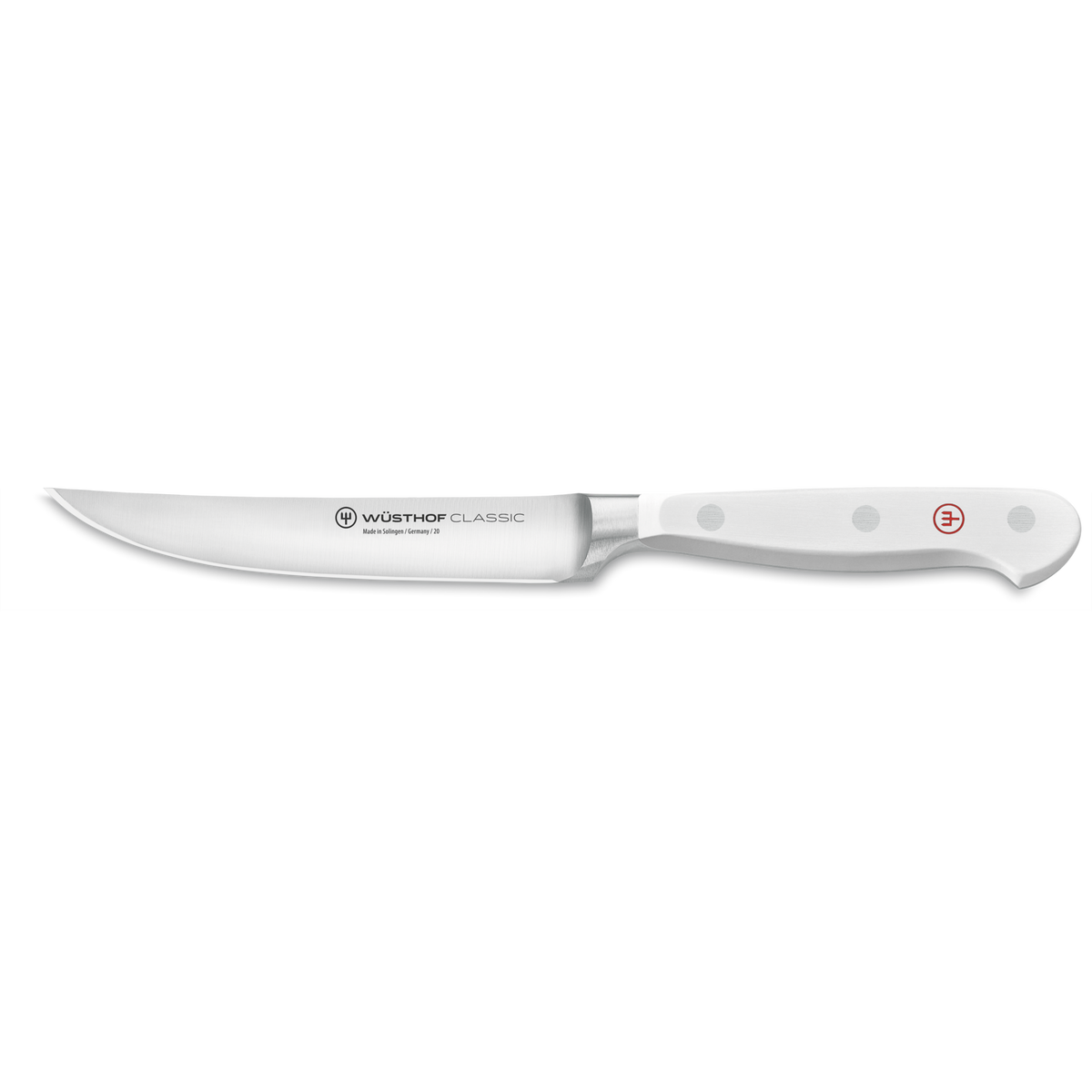 Classic 12-Piece Knife Block Set featuring a sharp, forged German steel utility knife with a pointed blade and ergonomic white handle with polished rivets.