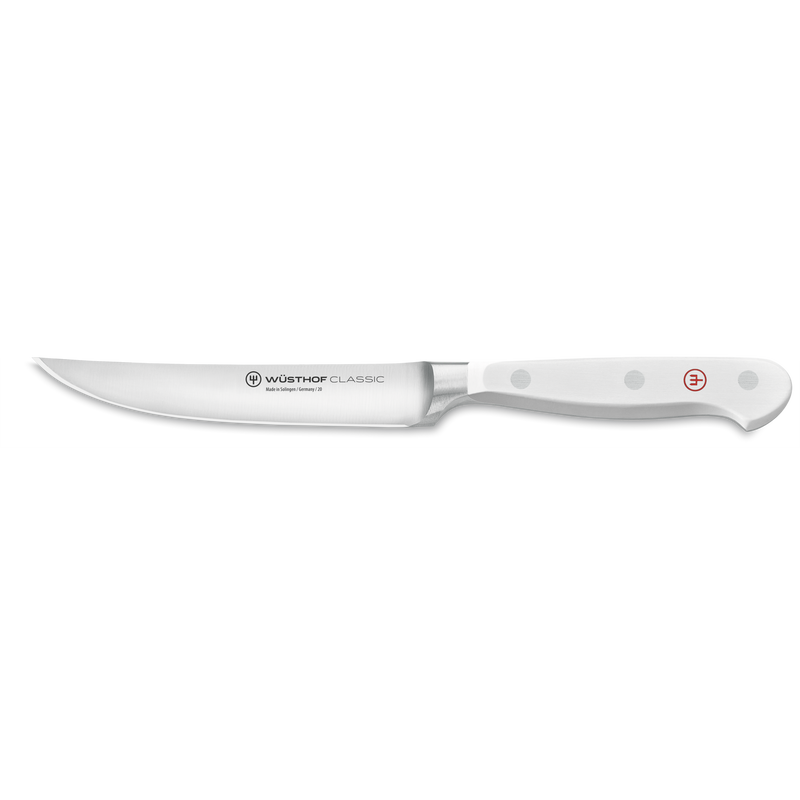 Classic 12-Piece Knife Block Set featuring a sharp, forged German steel utility knife with a pointed blade and ergonomic white handle with polished rivets.