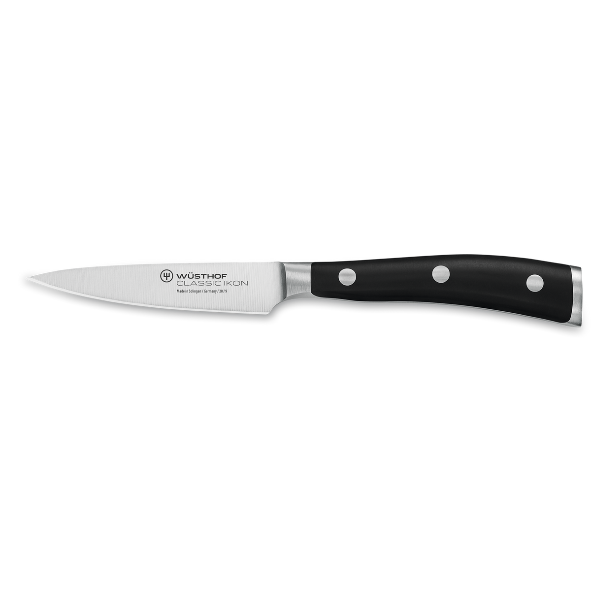 Paring knife from the Classic Ikon 7-Piece Knife Block Set with forged German steel blade and ergonomic triple-riveted black handle.