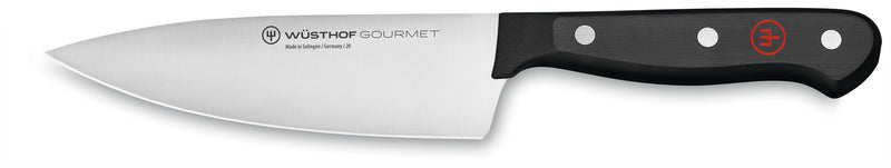 Gourmet 16-Piece Knife Block Set featuring a forged German chef’s knife with a sharp stainless steel blade and ergonomic black handle with triple rivets.