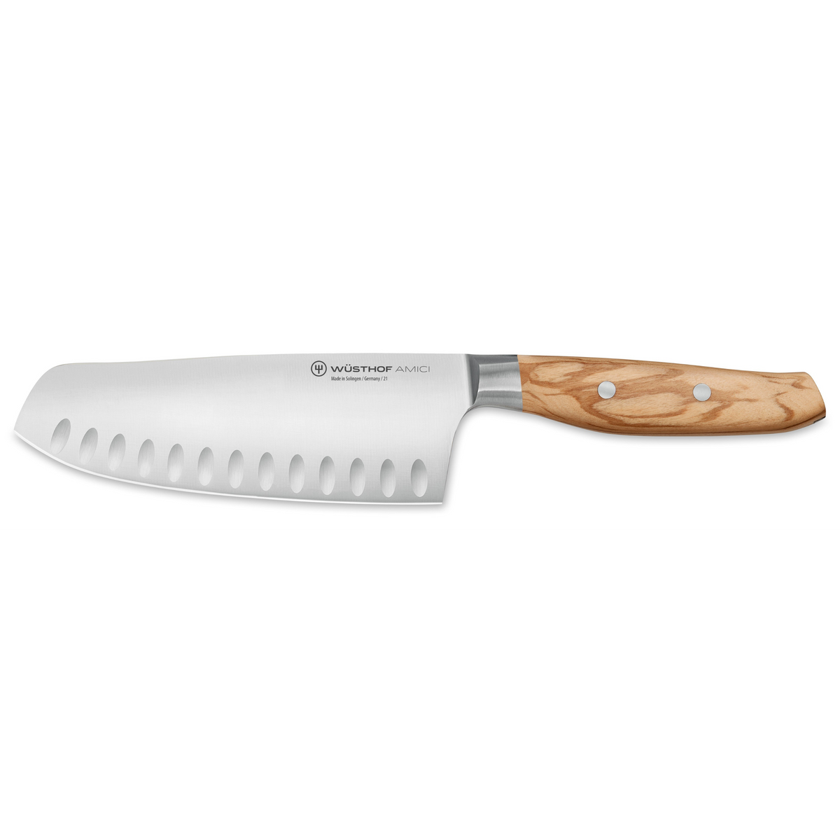 Villa 6-Piece Knife Block Set featuring a German-forged santoku knife with hollow edge dimples and a smooth, natural wood handle secured by two rivets.