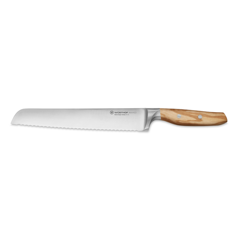 Villa 6-Piece Knife Block Set featuring a serrated santoku knife with a German-forged stainless steel blade and a smooth, natural wood handle with two rivets.