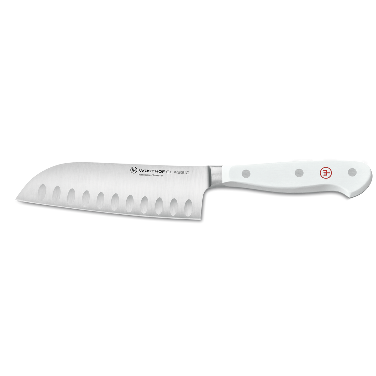 Classic 9-Piece Knife Block Set featuring a forged German steel Santoku knife with a scalloped blade and ergonomic white handle with polished rivets.