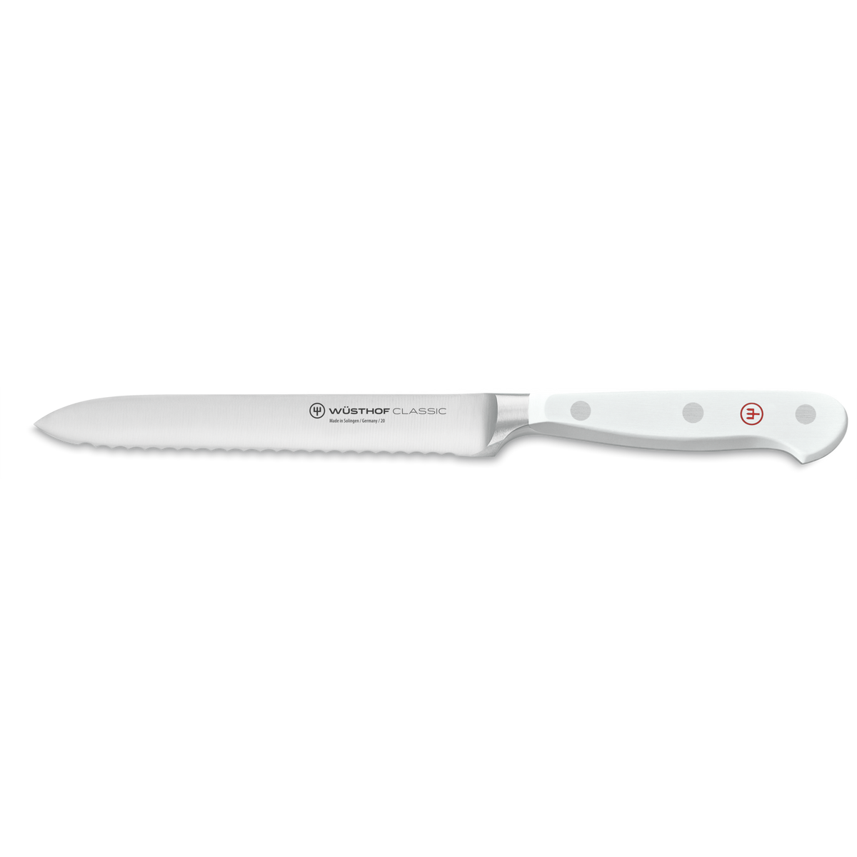 Classic 9-Piece Knife Block Set featuring a serrated utility knife with a forged German steel blade and ergonomic white handle with polished rivets.