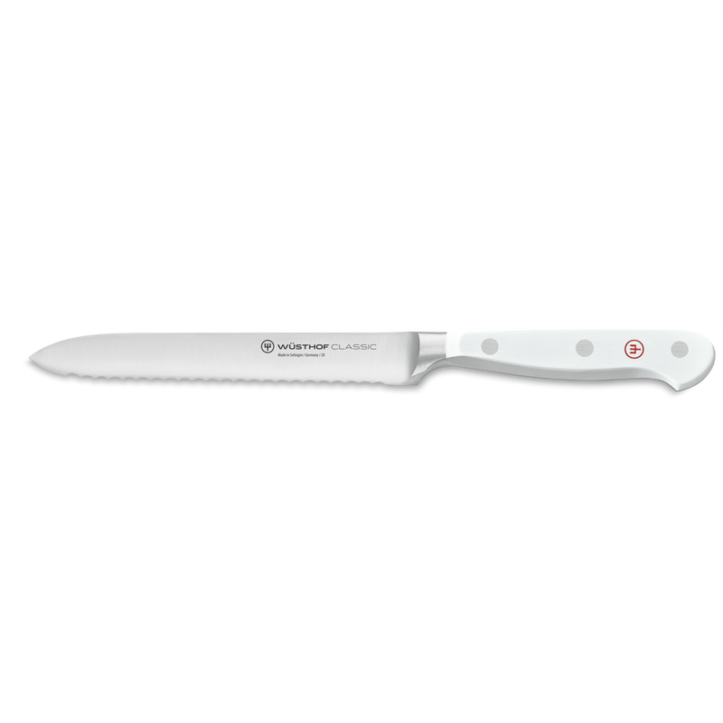 Classic 9-Piece Knife Block Set featuring a serrated utility knife with a forged German steel blade and ergonomic white handle with polished rivets.