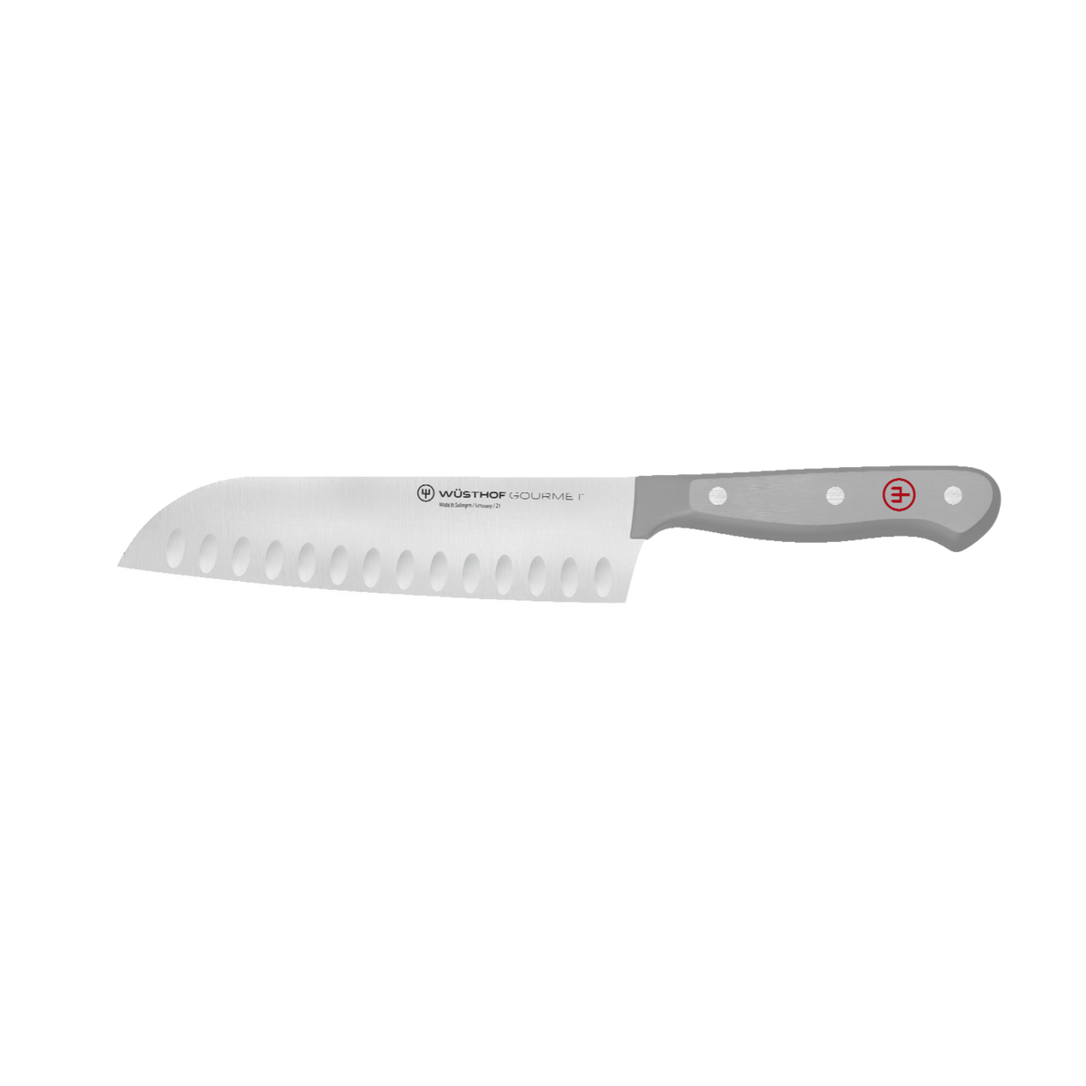 Gourmet 7-Piece In-Drawer Knife Set featuring a German-forged santoku knife with a scalloped blade and ergonomic gray handle with polished rivets and red logo.