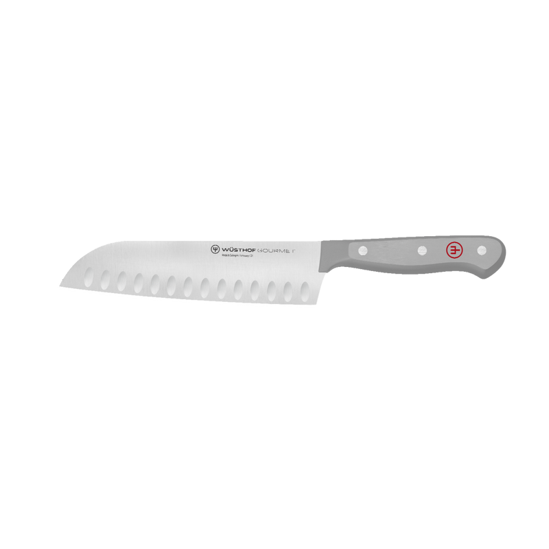 Gourmet 7-Piece In-Drawer Knife Set featuring a German-forged santoku knife with a scalloped blade and ergonomic gray handle with polished rivets and red logo.
