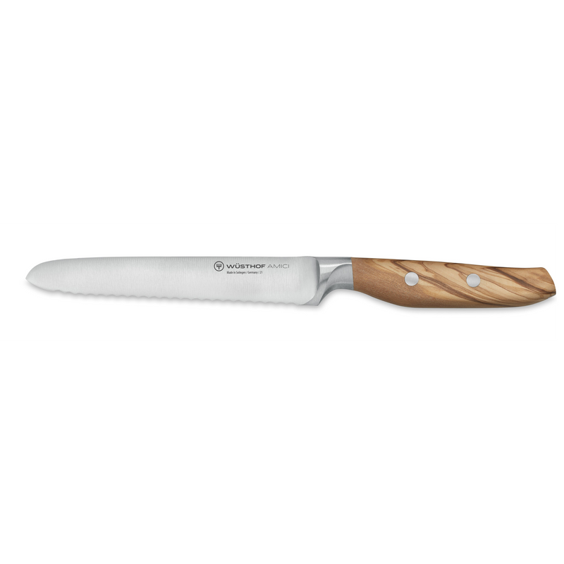 Villa 6-Piece Knife Block Set featuring a forged German serrated utility knife with a stainless steel blade and an ergonomic natural wood handle with two rivets.