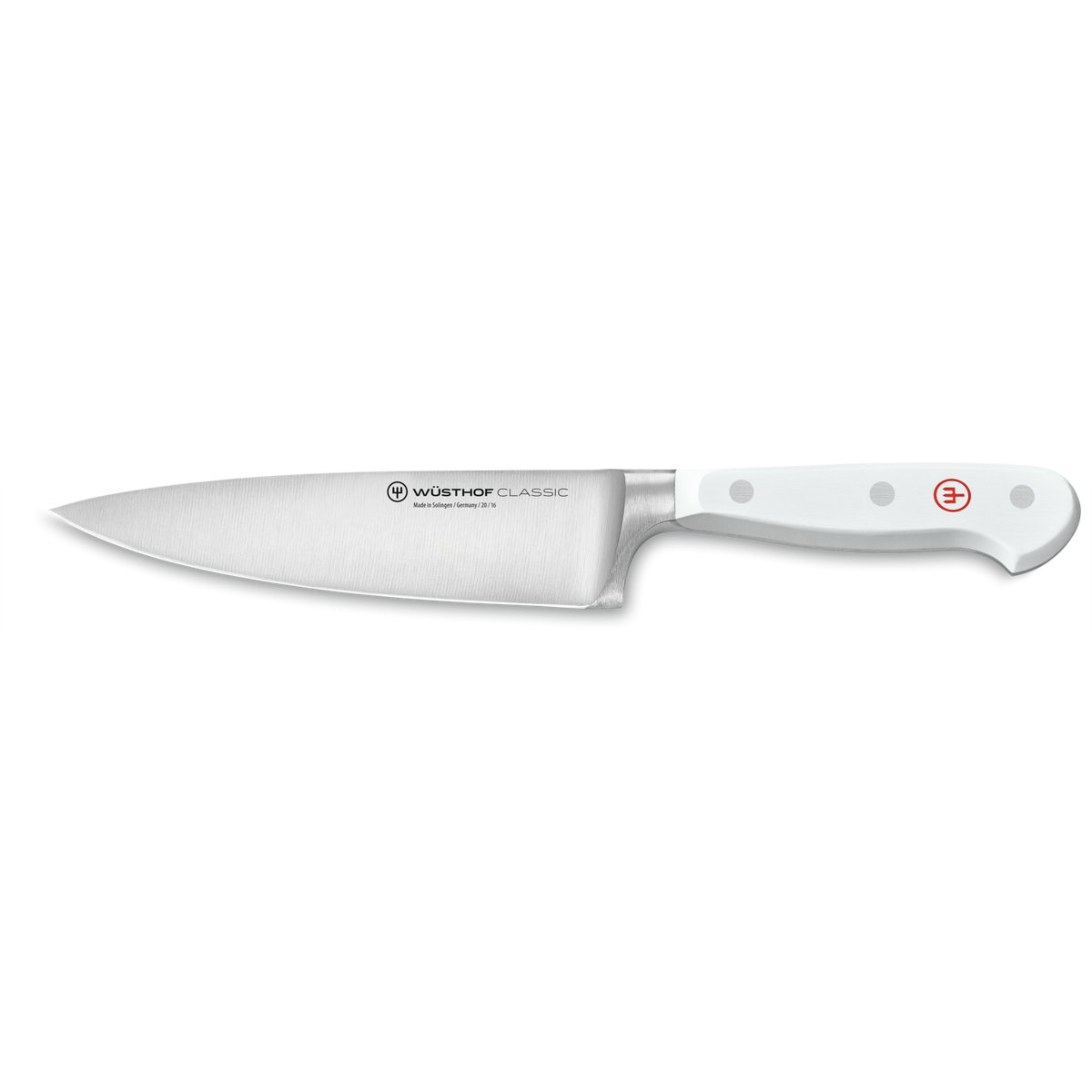 Classic 12-Piece Knife Block Set featuring a forged German steel chef’s knife with a sharp blade and ergonomic white handle with three rivets and red logo.