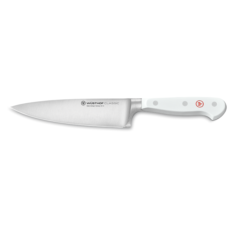 Classic 12-Piece Knife Block Set featuring a forged German steel chef’s knife with a sharp blade and ergonomic white handle with three rivets and red logo.