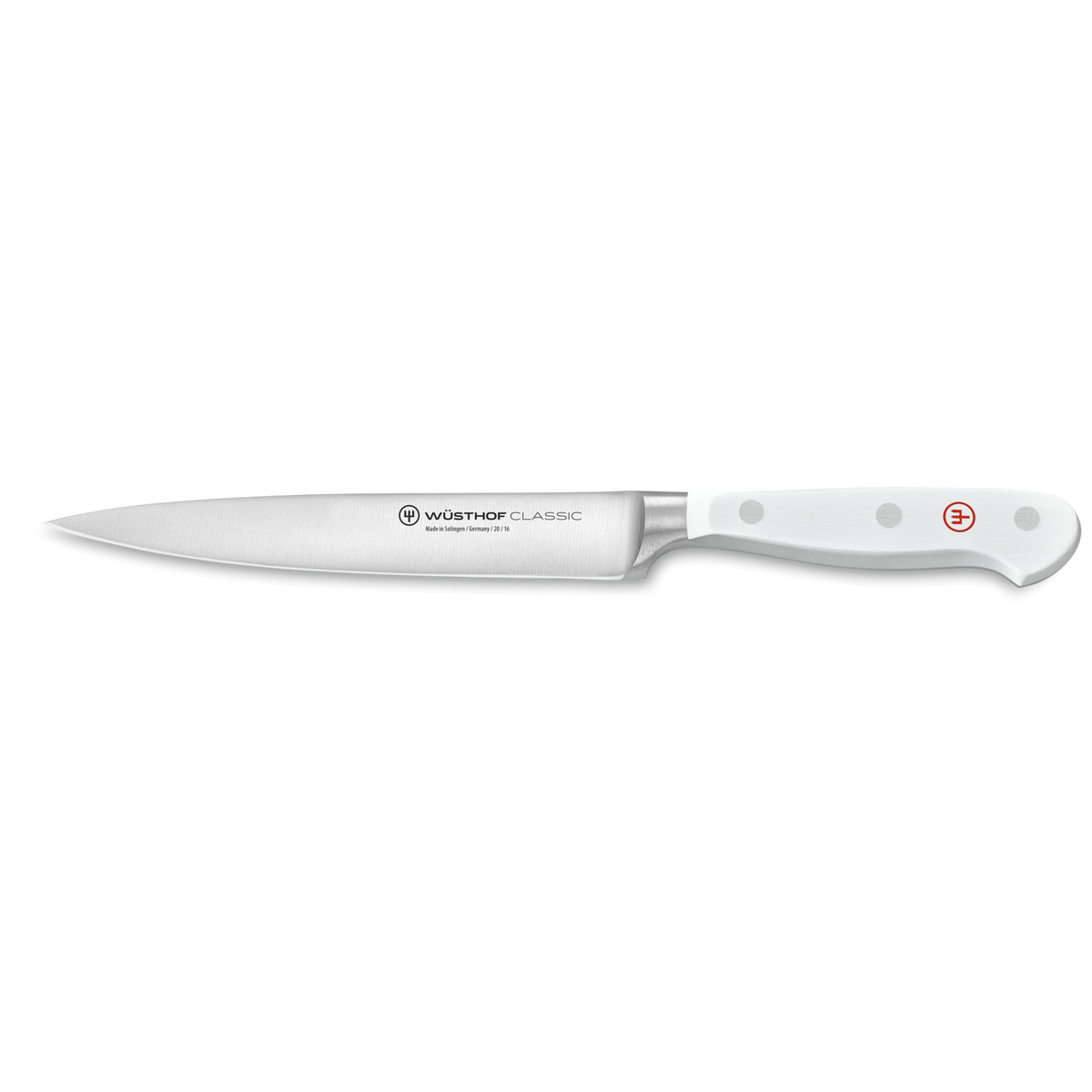 Classic 9-Piece Knife Block Set featuring a slim, forged German steel utility knife with a sharp blade and ergonomic white handle with rivets.