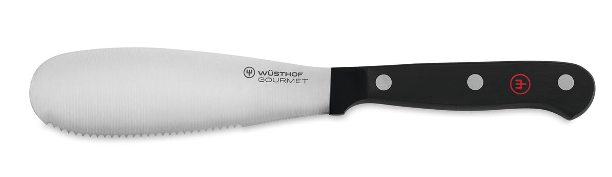Gourmet 16-Piece Knife Block Set featuring a serrated butter knife with a rounded forged German stainless steel blade and black ergonomic handle with rivets.