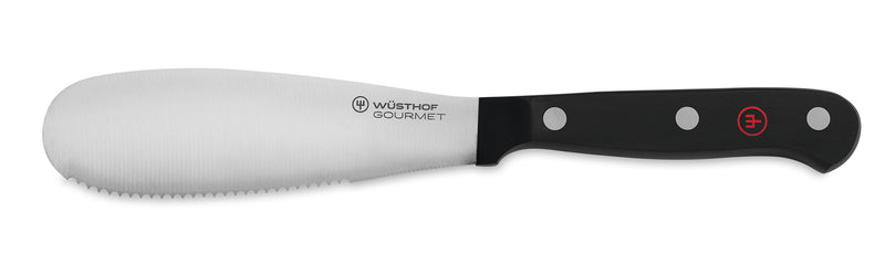 Gourmet 16-Piece Knife Block Set featuring a serrated butter knife with a rounded forged German stainless steel blade and black ergonomic handle with rivets.