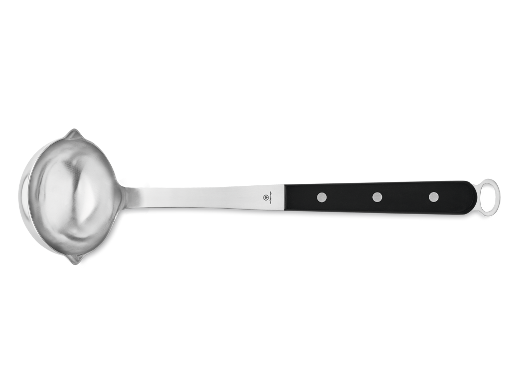 5-Piece Kitchen Tool Set ladle with a deep stainless steel bowl and a black triple-riveted handle featuring a hanging loop at the end.