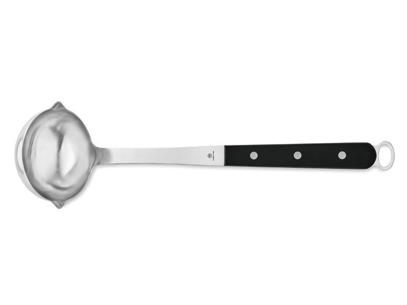 5-Piece Kitchen Tool Set ladle with a deep stainless steel bowl and a black triple-riveted handle featuring a hanging loop at the end.