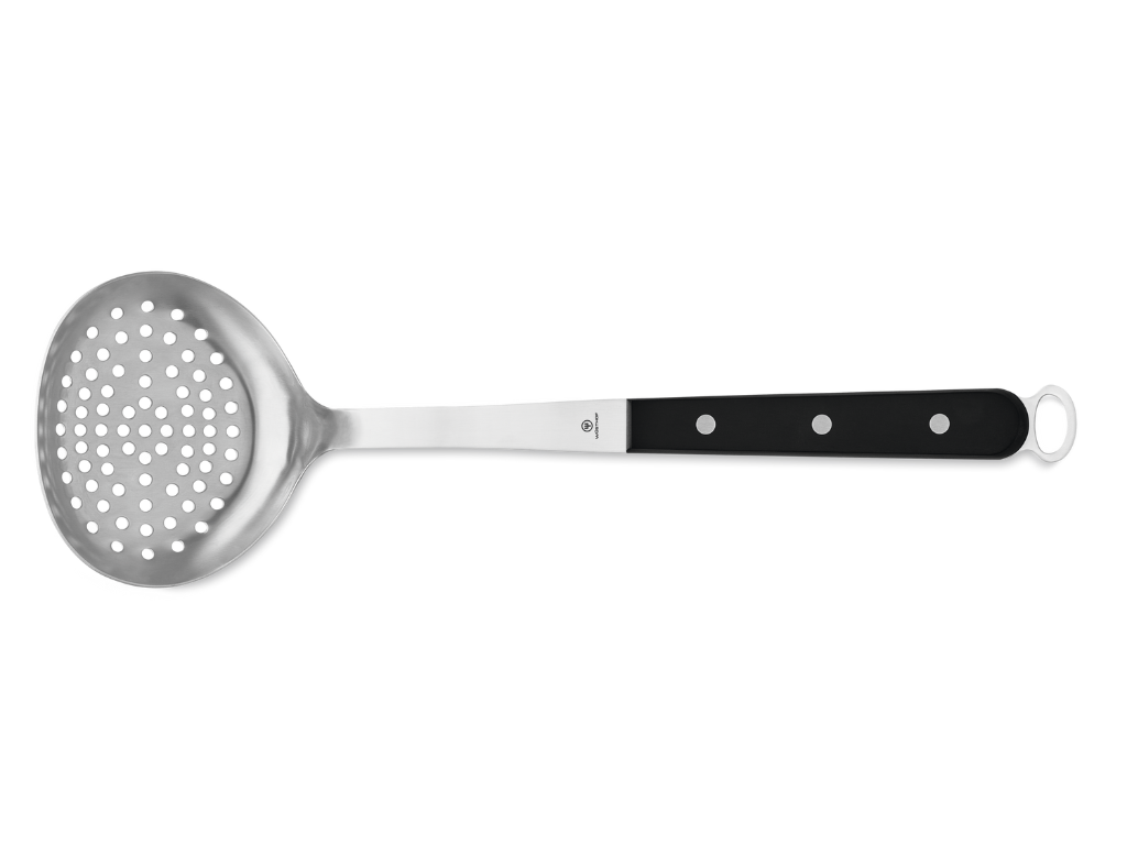 Skimmer from the 5-Piece Kitchen Tool Set featuring a perforated stainless steel head and a black triple-riveted handle with a hanging loop.