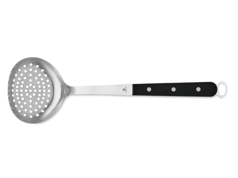 Skimmer from the 5-Piece Kitchen Tool Set featuring a perforated stainless steel head and a black triple-riveted handle with a hanging loop.