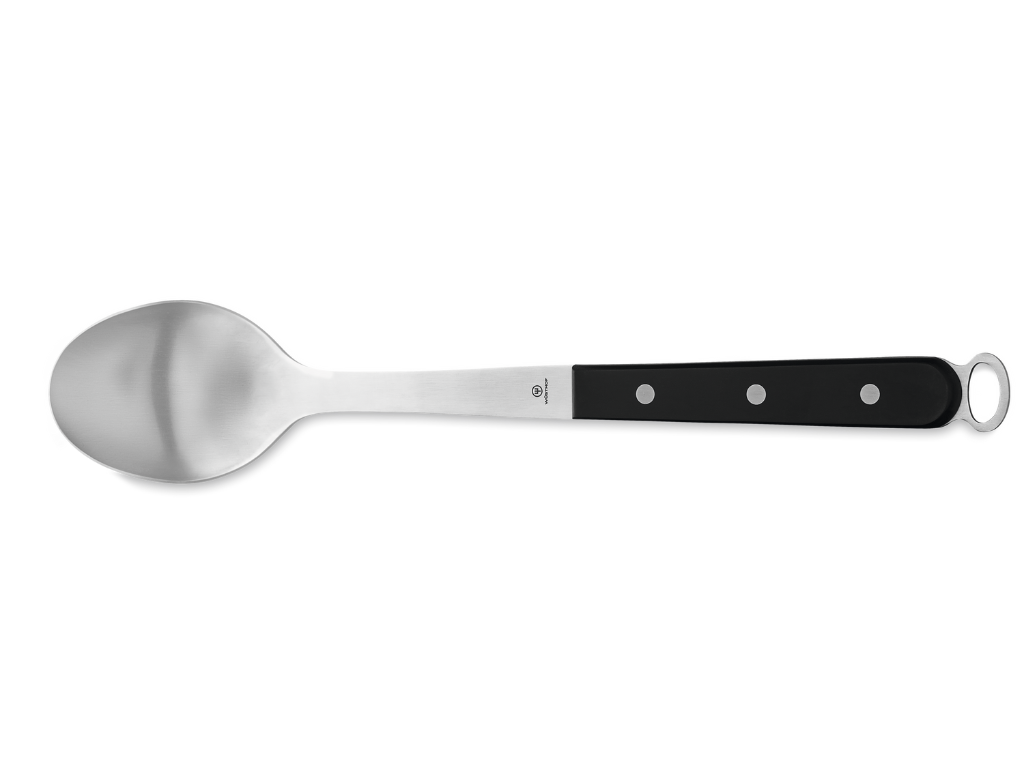 Single serving spoon featuring a polished stainless steel bowl and a black triple-riveted handle with a hanging loop, part of the 5-Piece Kitchen Tool Set.