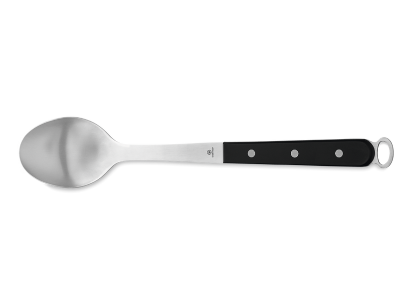 Single serving spoon featuring a polished stainless steel bowl and a black triple-riveted handle with a hanging loop, part of the 5-Piece Kitchen Tool Set.