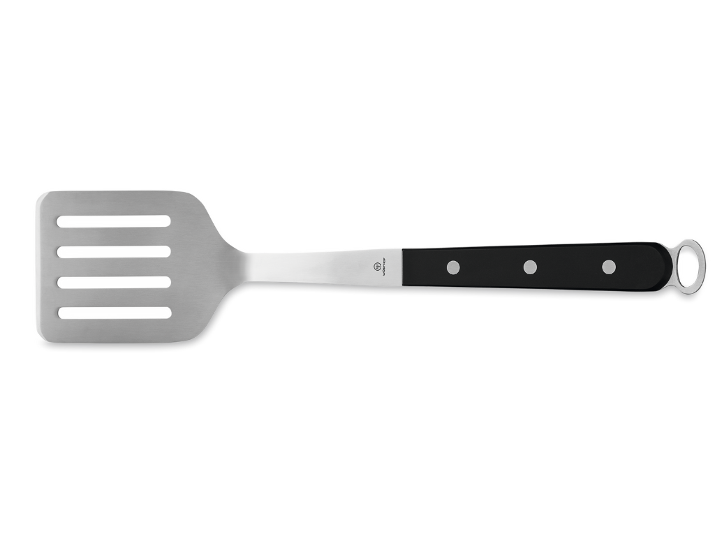 Slotted spatula from the 5-Piece Kitchen Tool Set featuring a polished stainless steel head and a black triple-riveted handle with a hanging loop.