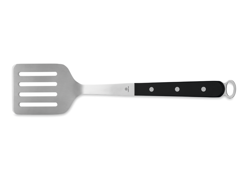 Slotted spatula from the 5-Piece Kitchen Tool Set featuring a polished stainless steel head and a black triple-riveted handle with a hanging loop.