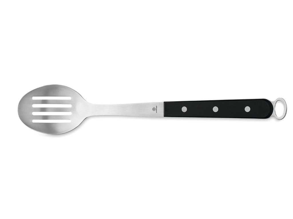 Slotted spoon from the 5-Piece Kitchen Tool Set featuring a polished stainless steel head and a black triple-riveted handle with a hanging loop.
