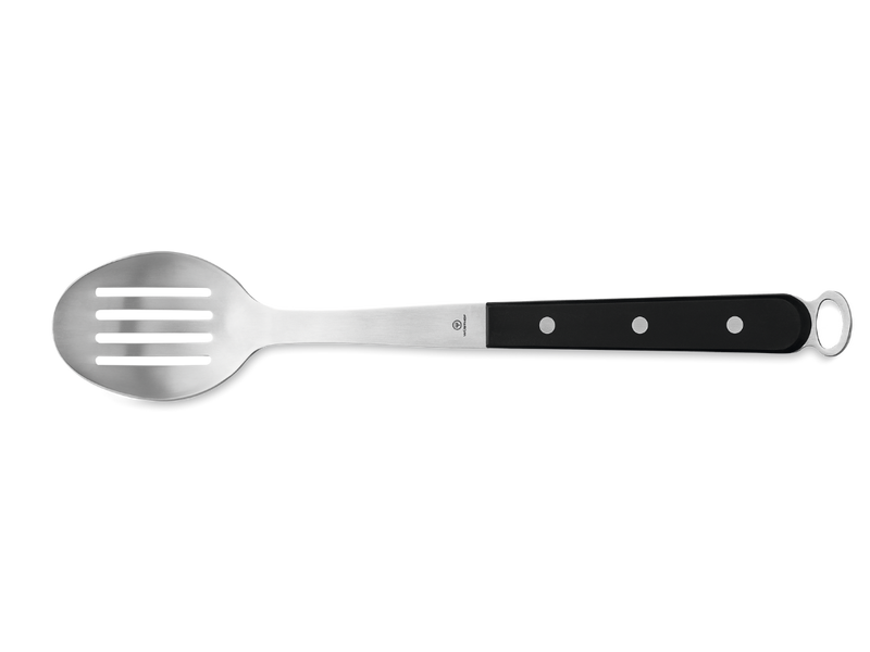 Slotted spoon from the 5-Piece Kitchen Tool Set featuring a polished stainless steel head and a black triple-riveted handle with a hanging loop.
