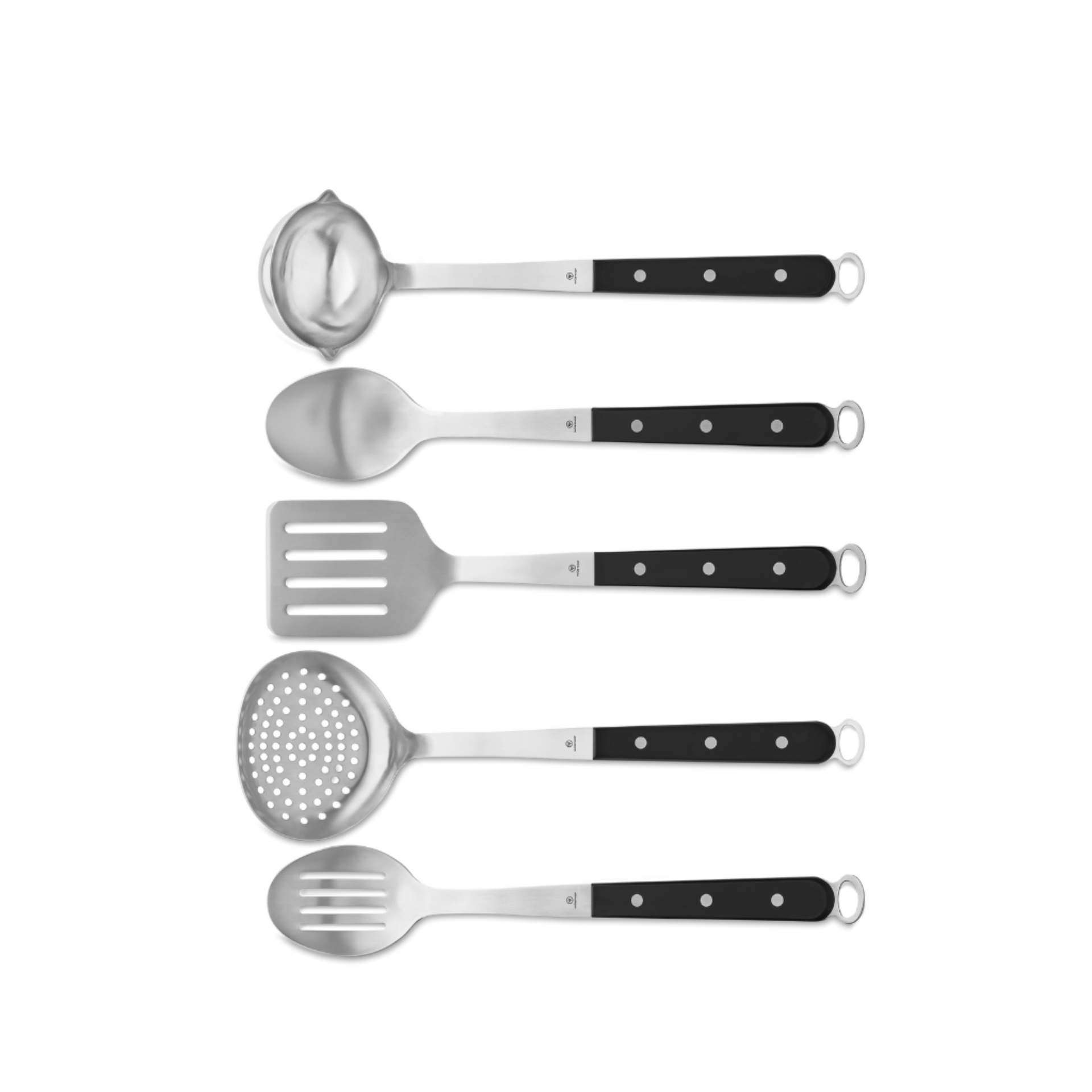 5-Piece Kitchen Tool Set with stainless steel heads and triple-riveted black handles including a ladle, serving spoon, slotted spatula, skimmer, and slotted spoon.
