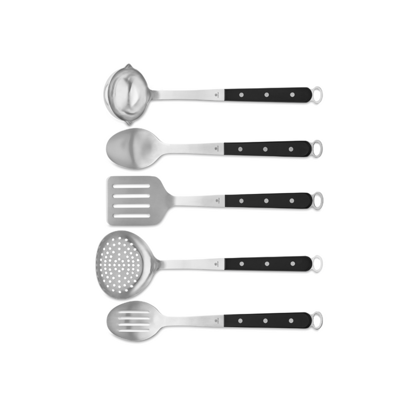 5-Piece Kitchen Tool Set featuring polished stainless steel heads with black triple-riveted handles and hanging loops, including a ladle, spoon, slotted spatula, skimmer, and slotted spoon.