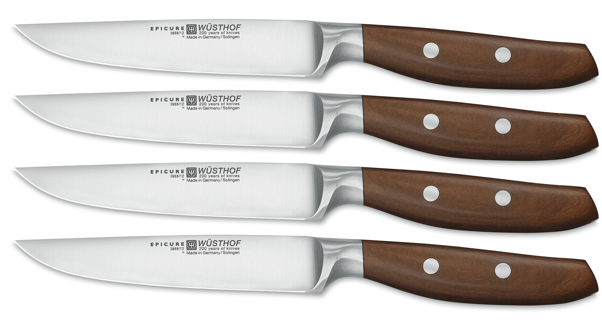 Epicure 4-Piece Steak Knife Set featuring sharp forged German blades with polished brown wooden handles secured by steel rivets for balanced cutting.