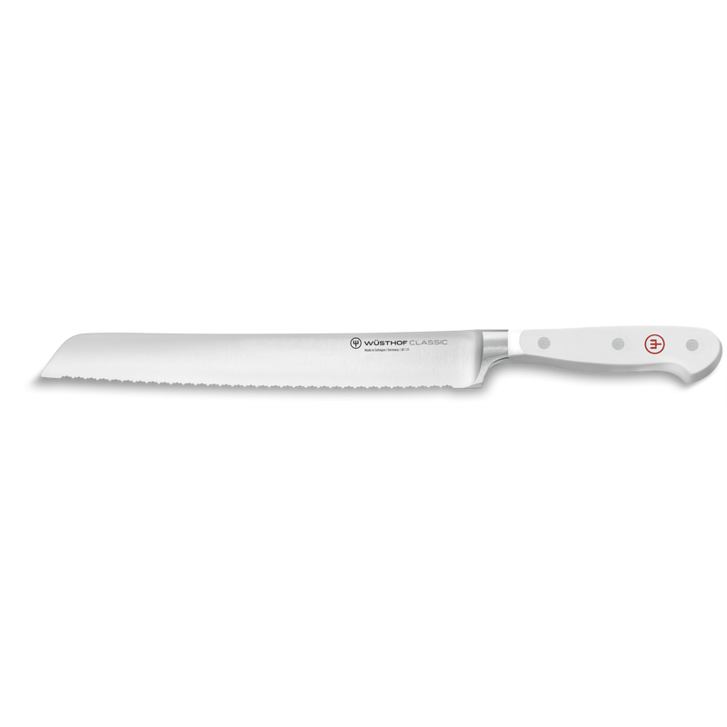 Classic 9-Piece Knife Block Set featuring a serrated bread knife with a sharp forged German steel blade and ergonomic white handle with rivets.