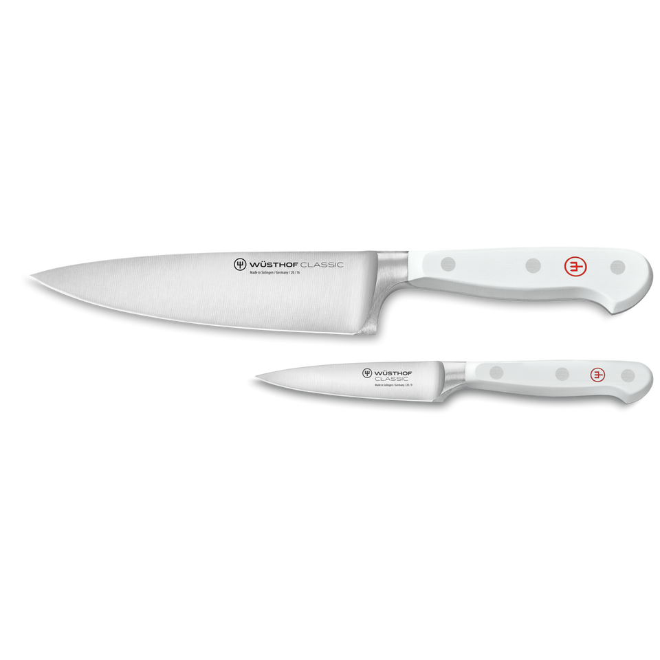 Classic 2-Piece Prep Set with forged German steel blades and white ergonomic handles, designed for precise and versatile kitchen cutting tasks.