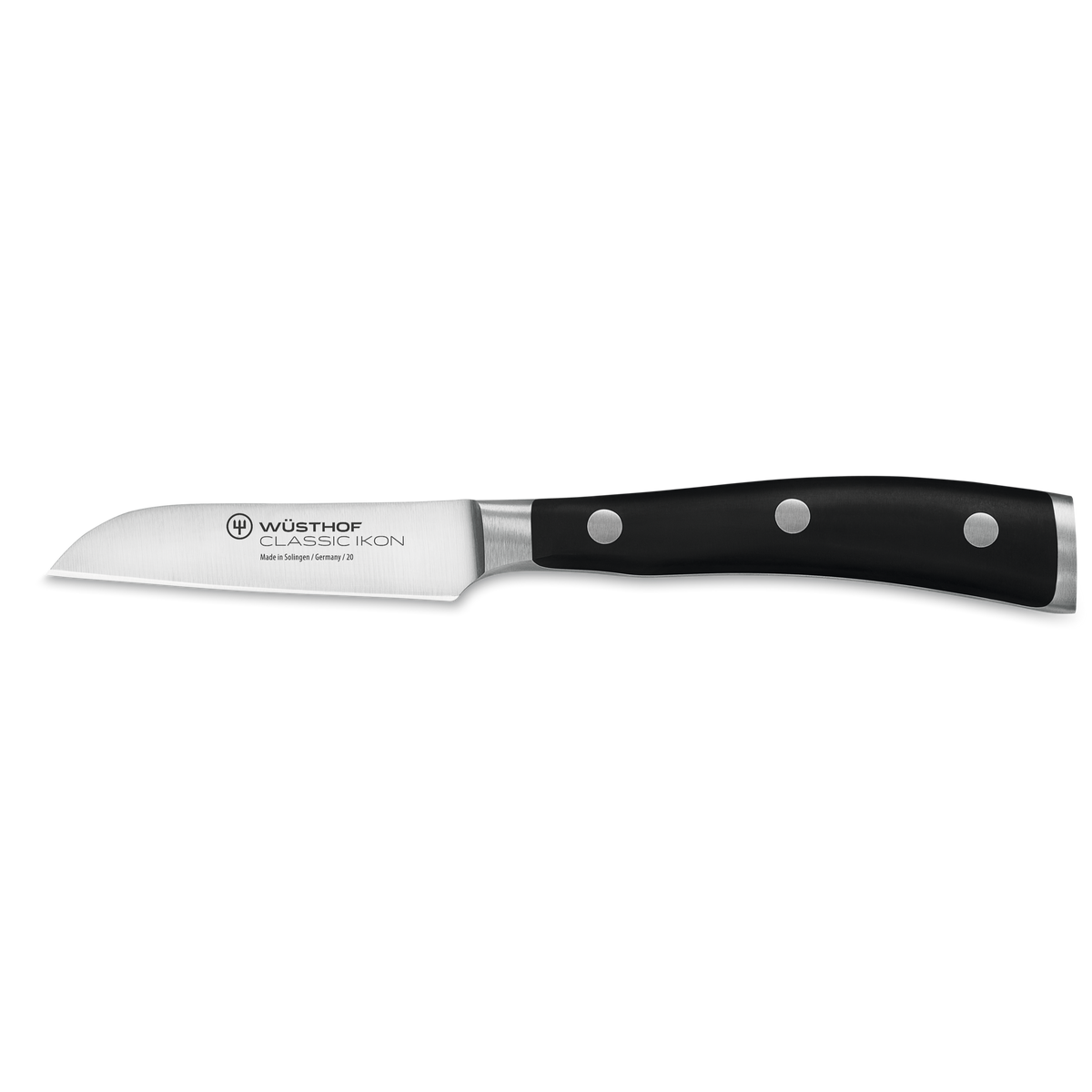 Classic Ikon 8-Piece Knife Block Set featuring a small serrated paring knife with a forged German stainless steel blade and triple-riveted black ergonomic handle.