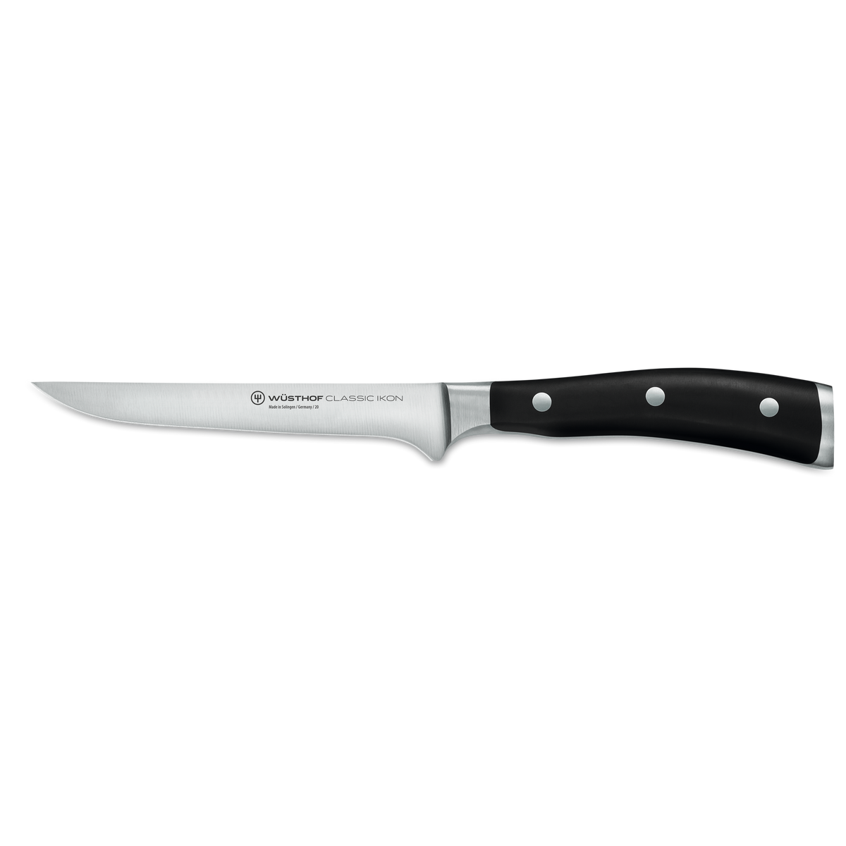 Classic Ikon 11-Piece Knife Block Set featuring a forged German boning knife with a narrow sharp stainless steel blade and triple-riveted black ergonomic handle.