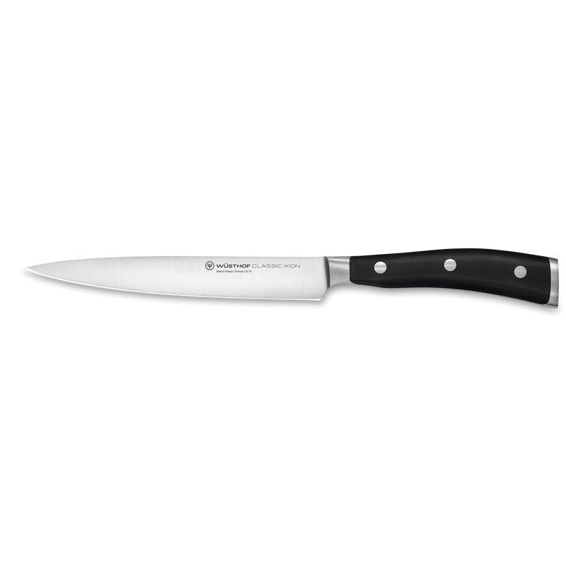 Classic Ikon 8-Piece Knife Block Set featuring a slim forged German stainless steel utility knife with a sharp blade and triple-riveted black ergonomic handle.