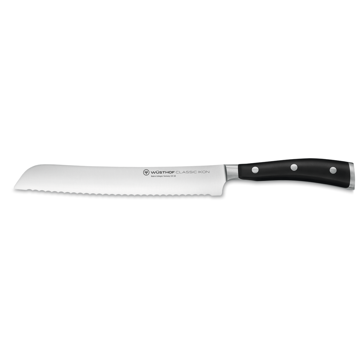 Classic Ikon 11-Piece Knife Block Set featuring a serrated forged German bread knife with a polished stainless steel blade and triple-riveted black ergonomic handle.