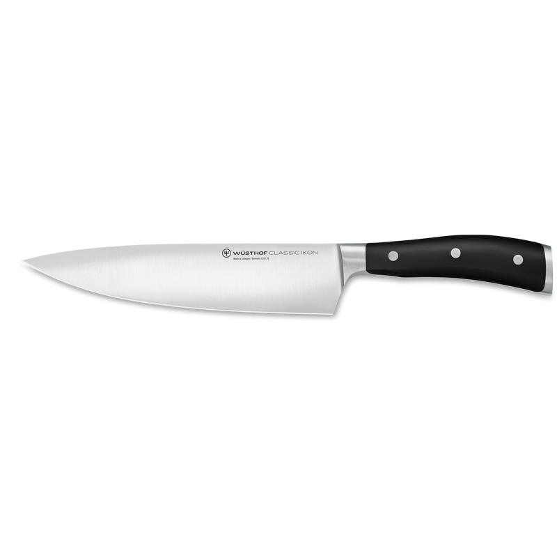 Classic Ikon 15-Piece Knife Block Set featuring a forged chef's knife with a sharp German stainless steel blade and ergonomic black handle with triple rivets.