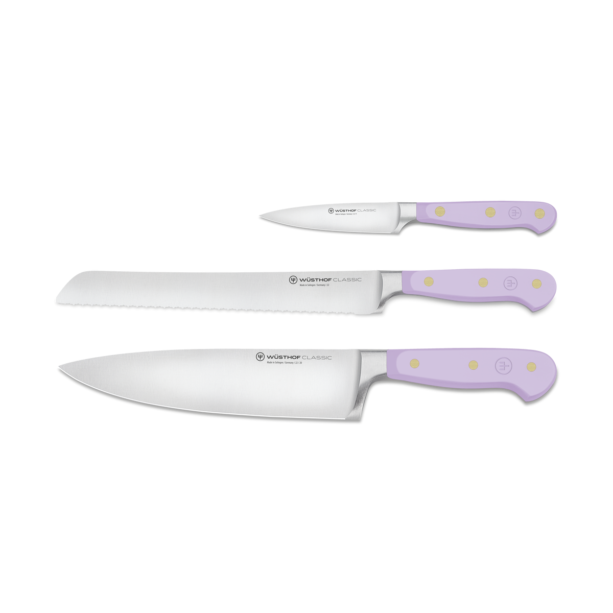 Classic 3-Piece Essential Knife Set - Purple Yam featuring three forged German knives with sharp stainless steel blades and ergonomic purple handles with brass rivets.
