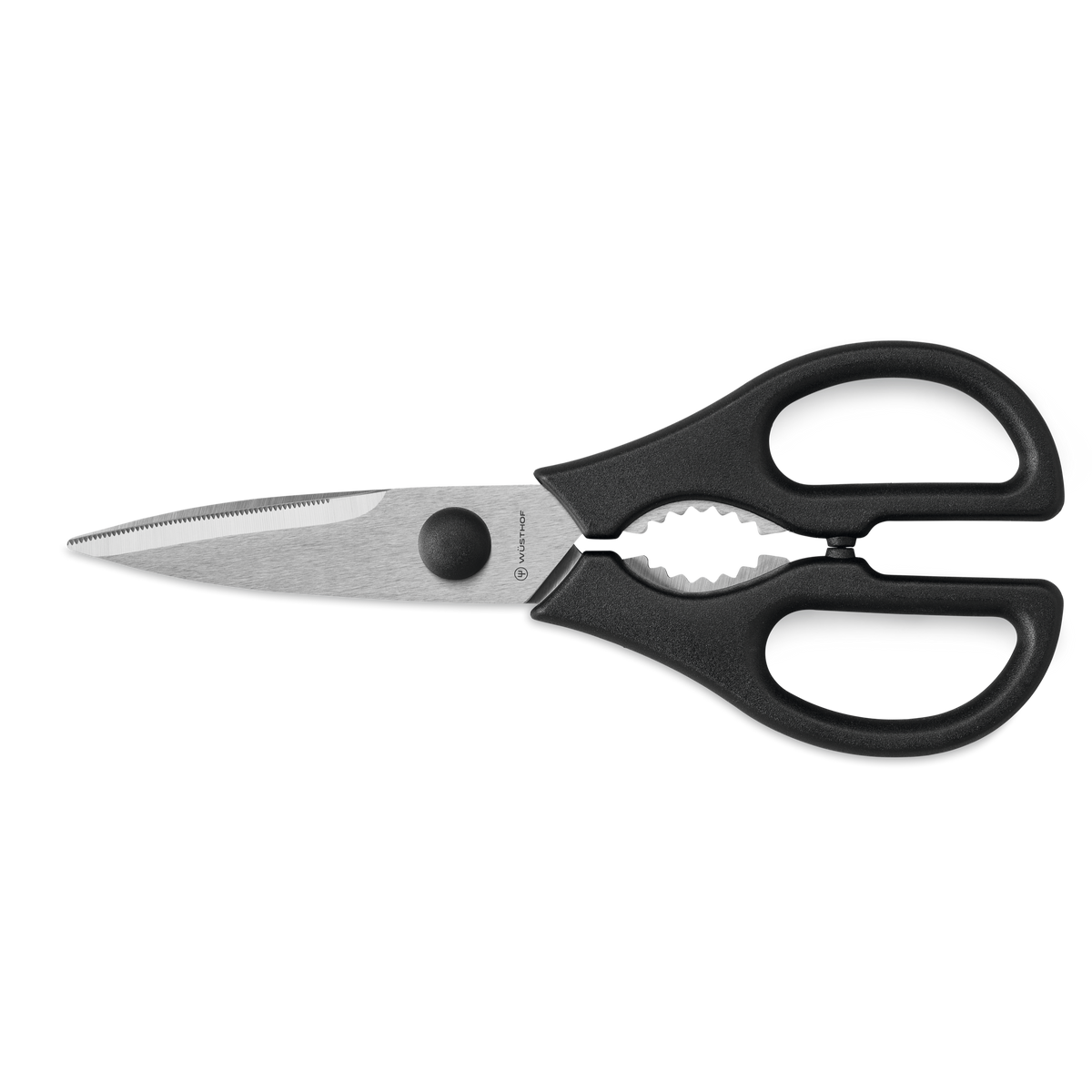 Classic Ikon 15-Piece Knife Block Set featuring durable kitchen shears with stainless steel serrated blades and black ergonomic handles for versatile cutting tasks.
