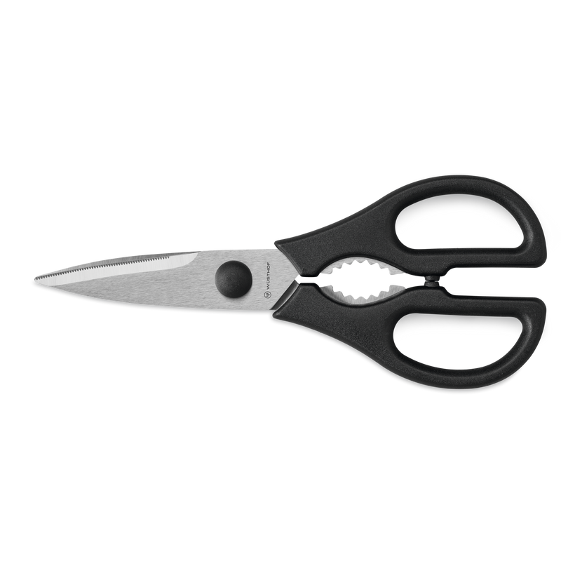 Classic Ikon 11-Piece Knife Block Set featuring a pair of multi-purpose kitchen shears with serrated stainless steel blades and black ergonomic handles.