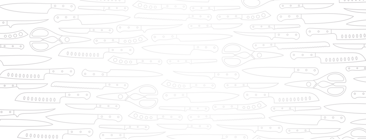 Light gray pattern of outlined kitchen knives, blades, handles, and scissors arranged across a white background